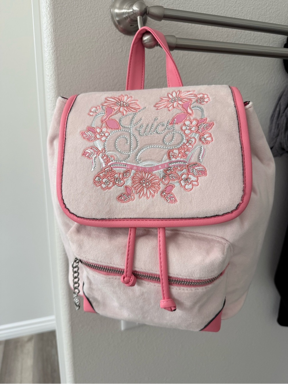 Juicy Couture Light Pink Embroidered Suede Mini Backpack